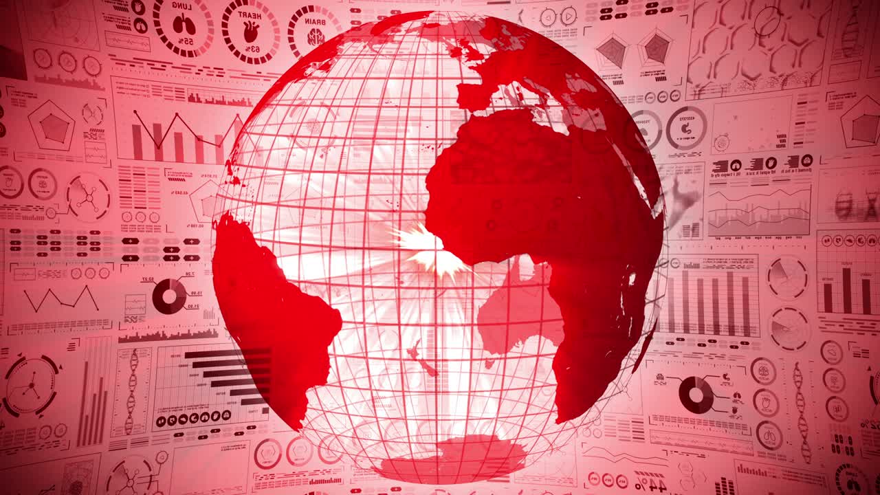 pandemia de infección. tierra global con puntos rojos de infección. holograma médico elementos de datos digitales gráfico. control infeccioso. vírus de curación. animación en bucle.
