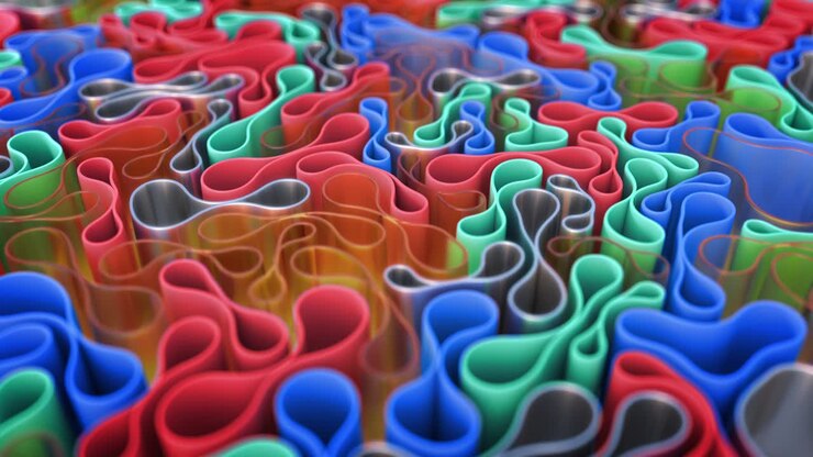 Multicolored 3D animation composition. Soft cylindrical tubes are drawn to the center, deformed when moving