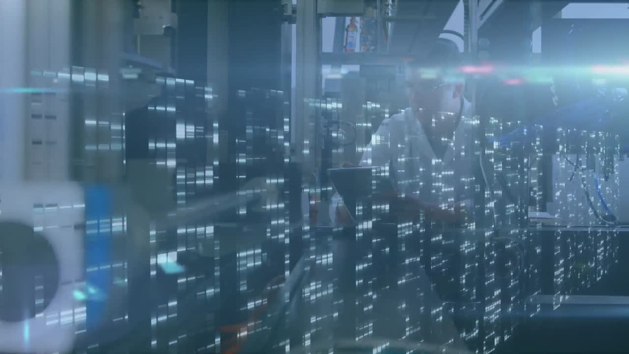 Animation of data processing over male scientist with robot and tablet