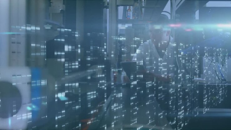 Animation of data processing over male scientist with robot and tablet