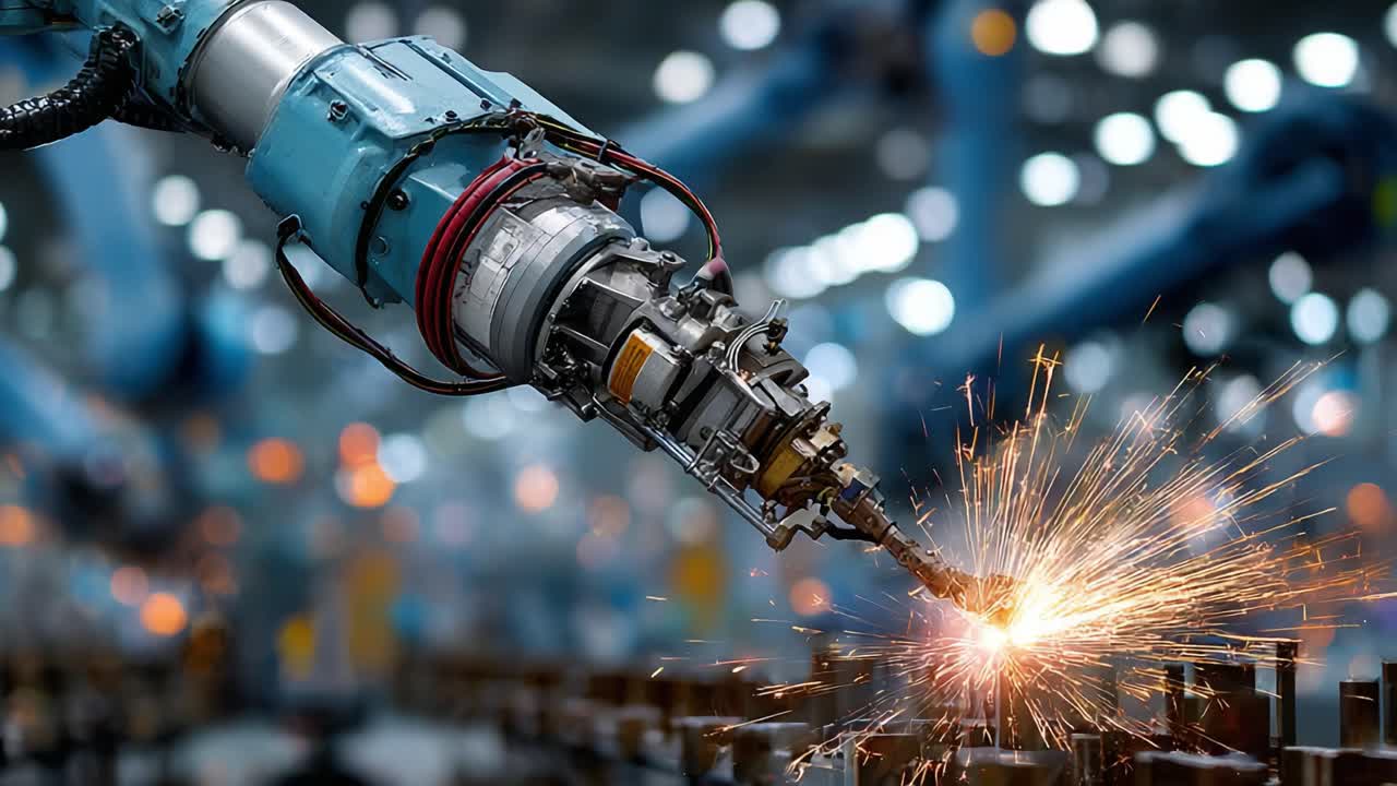 An Automated Robotic Arm Welding with Precision, Creating Sparks in a Modern Industrial Environment, Showcasing Advanced Manufacturing Technology and Innovation