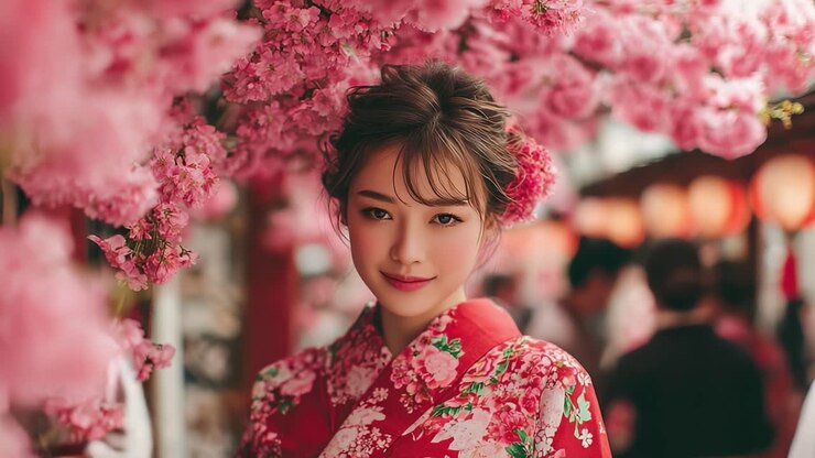 Ritratto incantevole di una giovane donna in un kimono vivace, circondata da fiori di ciliegio in fiore, che cattura l'essenza della bellezza primaverile e dell'eleganza culturale.