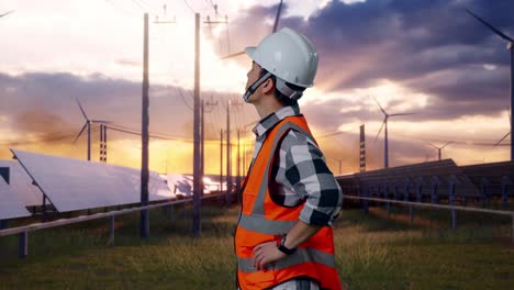 side view of asian male engineer wearing safety helmet looking around while standing with arms akimbo with solar panel and wind turbines