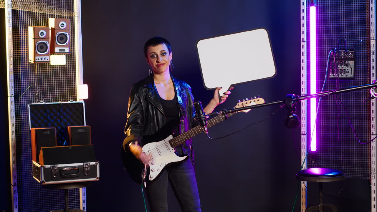 Woman with guitar and sign on stage