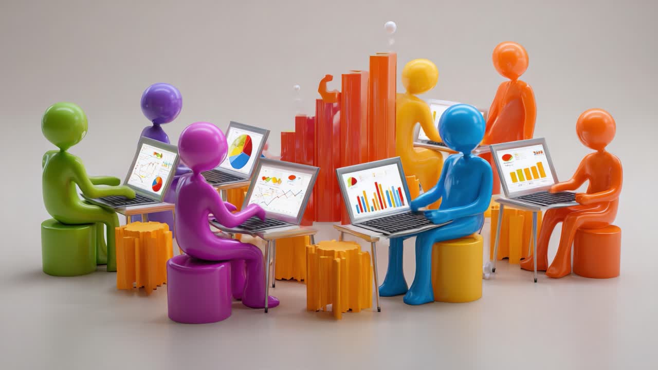 A Vibrant Group of Colorful Figures Analyzing Data on Laptops with Various Graphs, Charts, and Visualizations in a Collaborative Environment