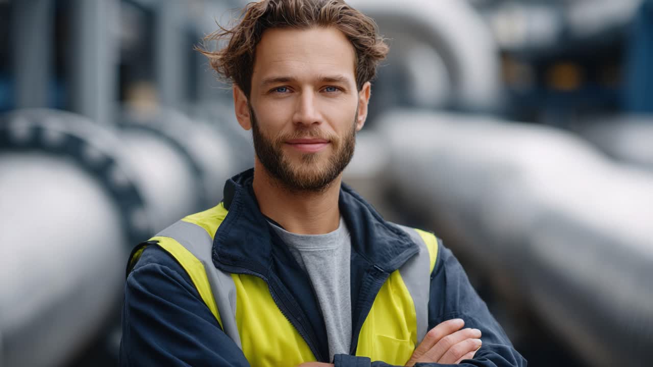 Selbstbewusste Arbeitskraft in Schutzausrüstung, die inmitten von Industrierohren steht und Professionalität und Bereitschaft für Herausforderungen in einem dynamischen Arbeitsumfeld demonstriert.
