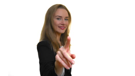 business woman pointing at camera