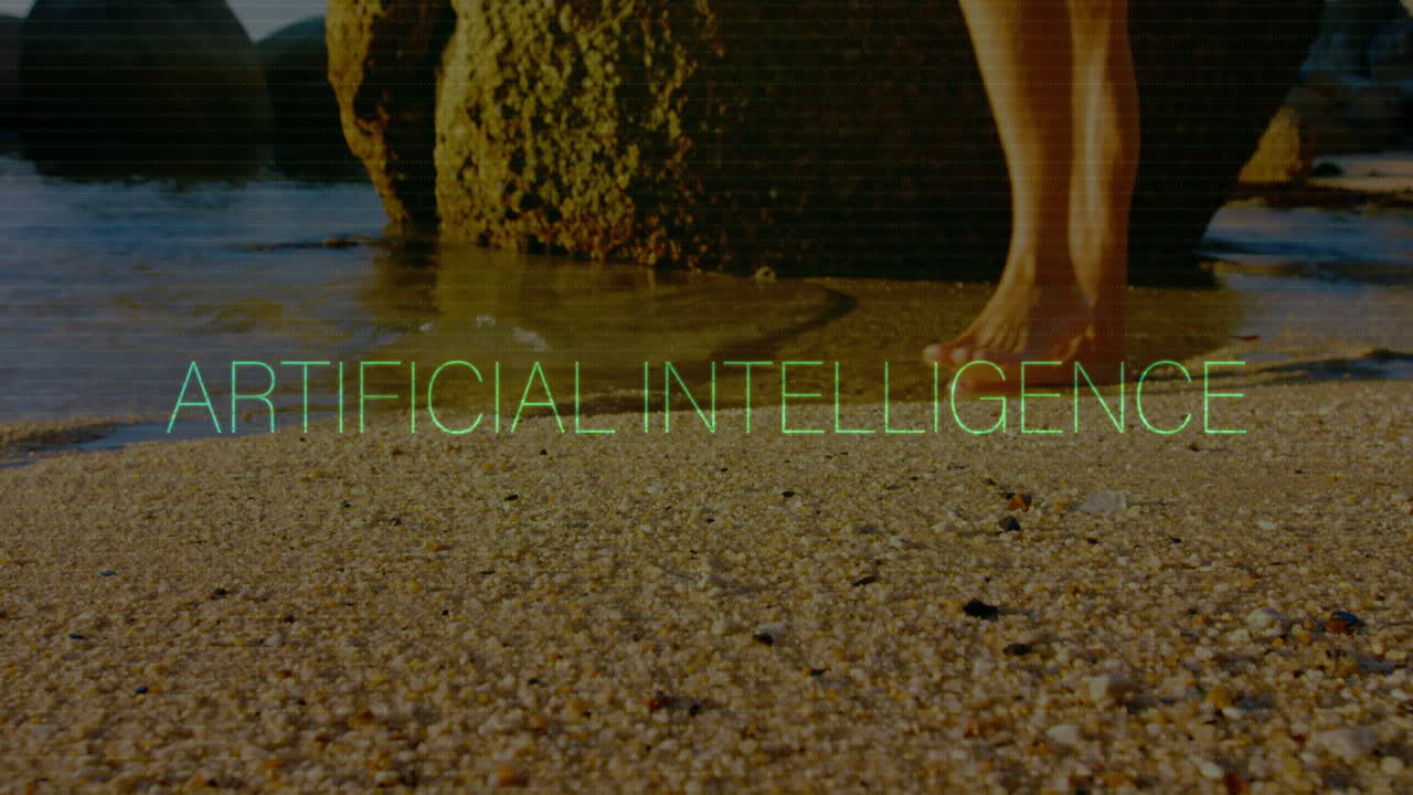 Walking on sandy beach, animation overlay with Artificial Intelligence text