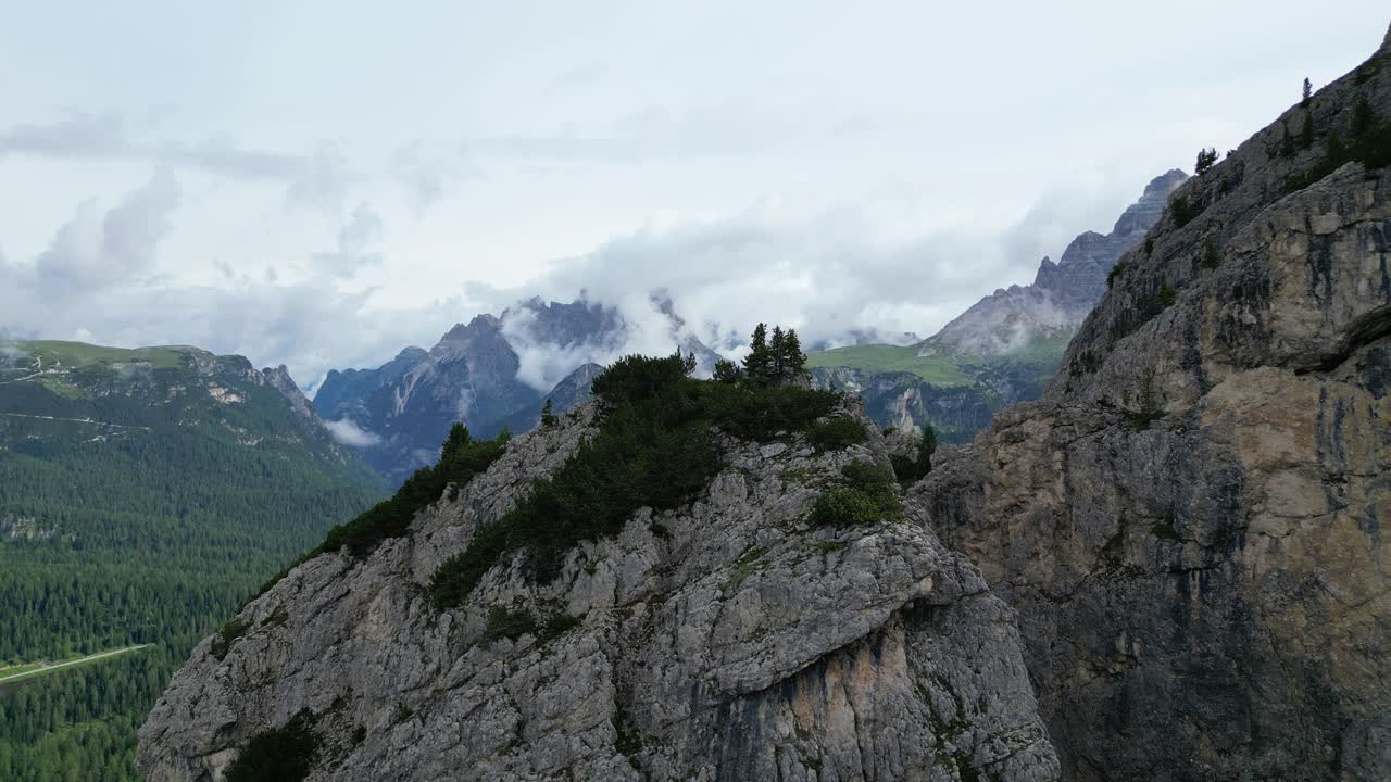 Beautiful aerial landscape of Italian dolomites-with mountain meadows, rocky and sharp mountain tops, Dolomite Alps