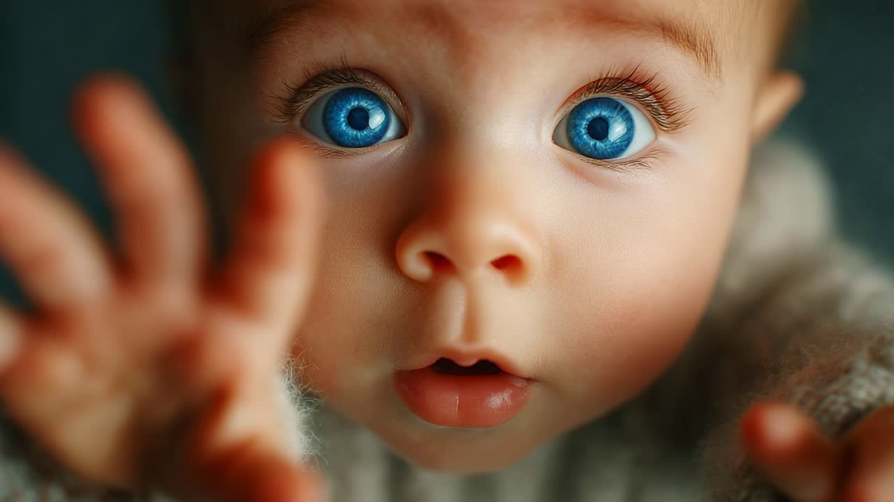 A captivating close-up of an inquisitive baby with striking blue eyes reaching out, reflecting wonder and curiosity, showcasing the innocence and charm of early childhood exploration