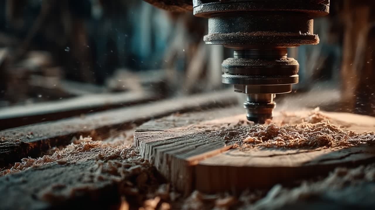 Precision Woodworking Process Captured: A Wood Router in Action Creating Intricate Designs on Timber Surrounded by Shavings and Dust