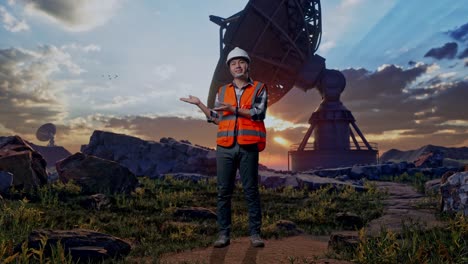 full body of asian male engineer with safety helmet smiling and pointing to side while standing with large satellite dish