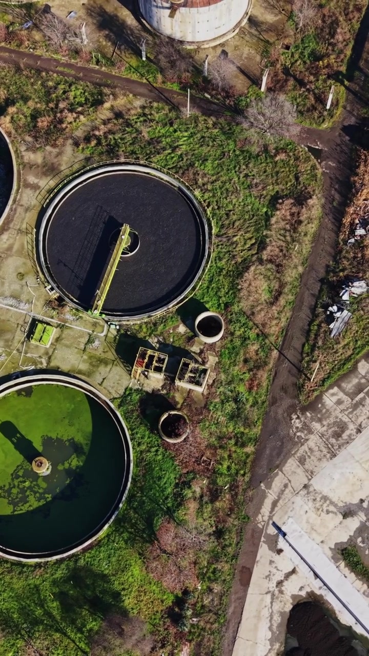 Antiguo emplazamiento industrial con tanques de tratamiento de aguas y vegetación abundante