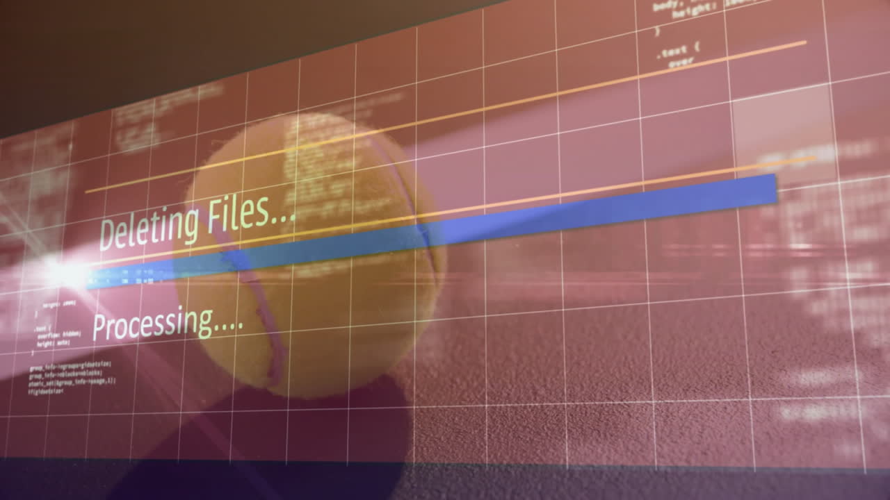 Yellow tennis ball sitting on red court surface, showing flat design grid overlay and progress bar