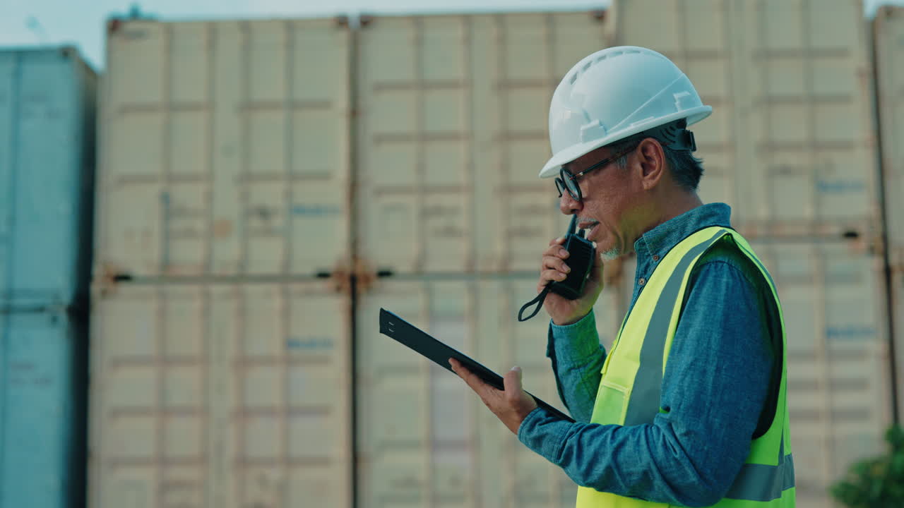 Port worker communicating and reviewing documents
