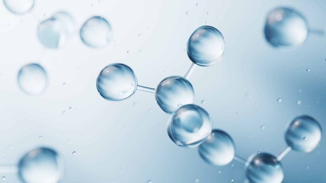 Moléculas transparentes con fondo azul, renderizado 3D