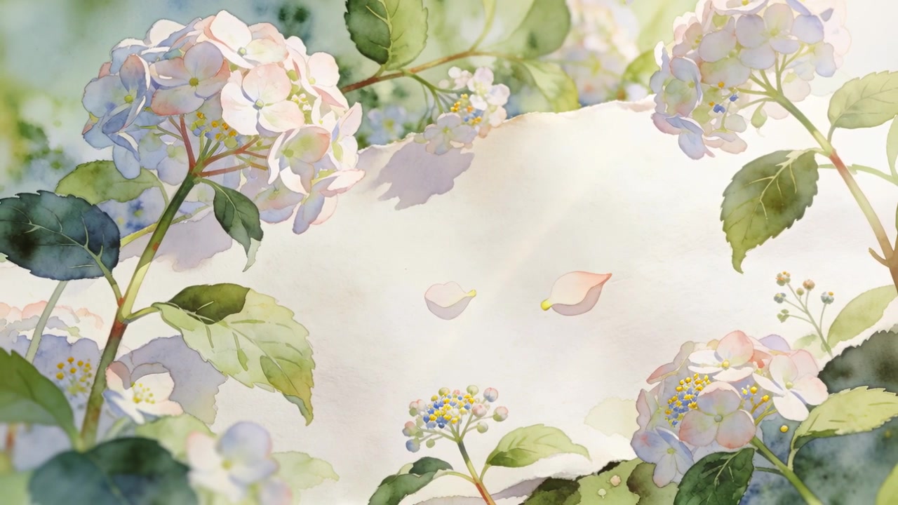 Drifting hydrangea petals crossing parchment center in watercolor by breeze, light shifting shadows