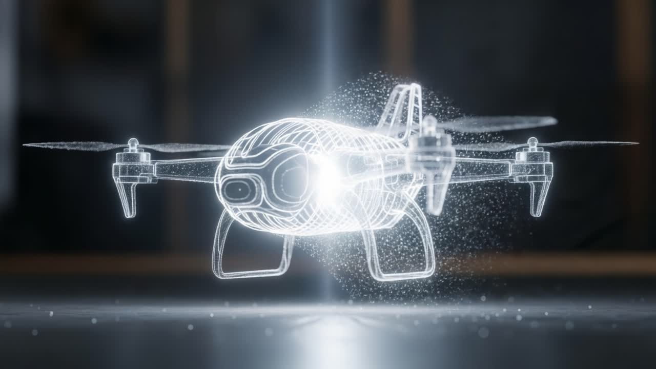 An Intricate Showcase of a High-Tech Drone, Featuring Futuristic Design and Stunning Visuals as It Prepares for Flight in a Contemporary Environment