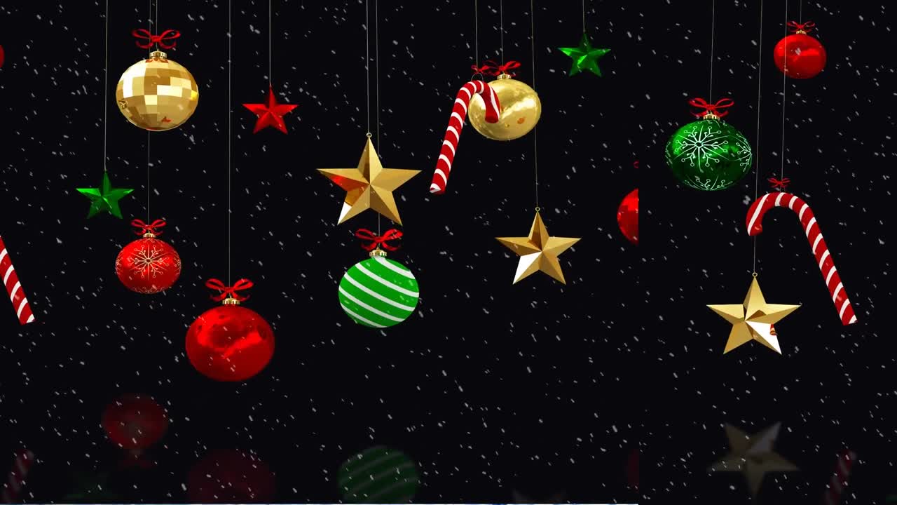 animación de la decoración de navidad y la nieve cayendo sobre un fondo negro