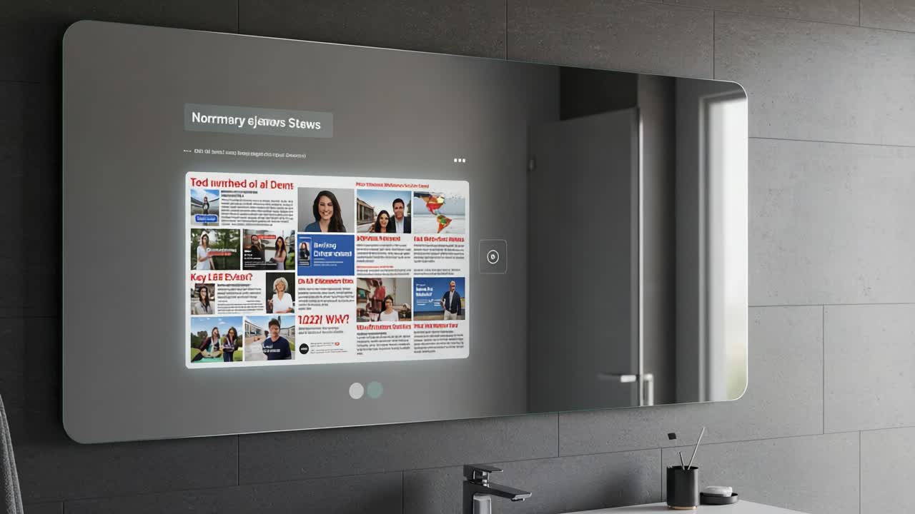 A Modern Bathroom Mirror Displaying Interactive News and Updates: A Glimpse into Cutting-Edge Smart Mirror Technology Transforming Daily Living