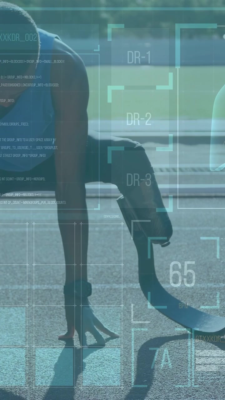 Vertical video: Teen athlete prepping on track stretching adjusting blade HUD tracking sports data