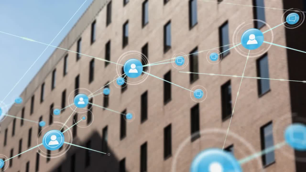 현대적인 사무실 건물 위의 아이콘과 연결 네트워크의 애니메이션