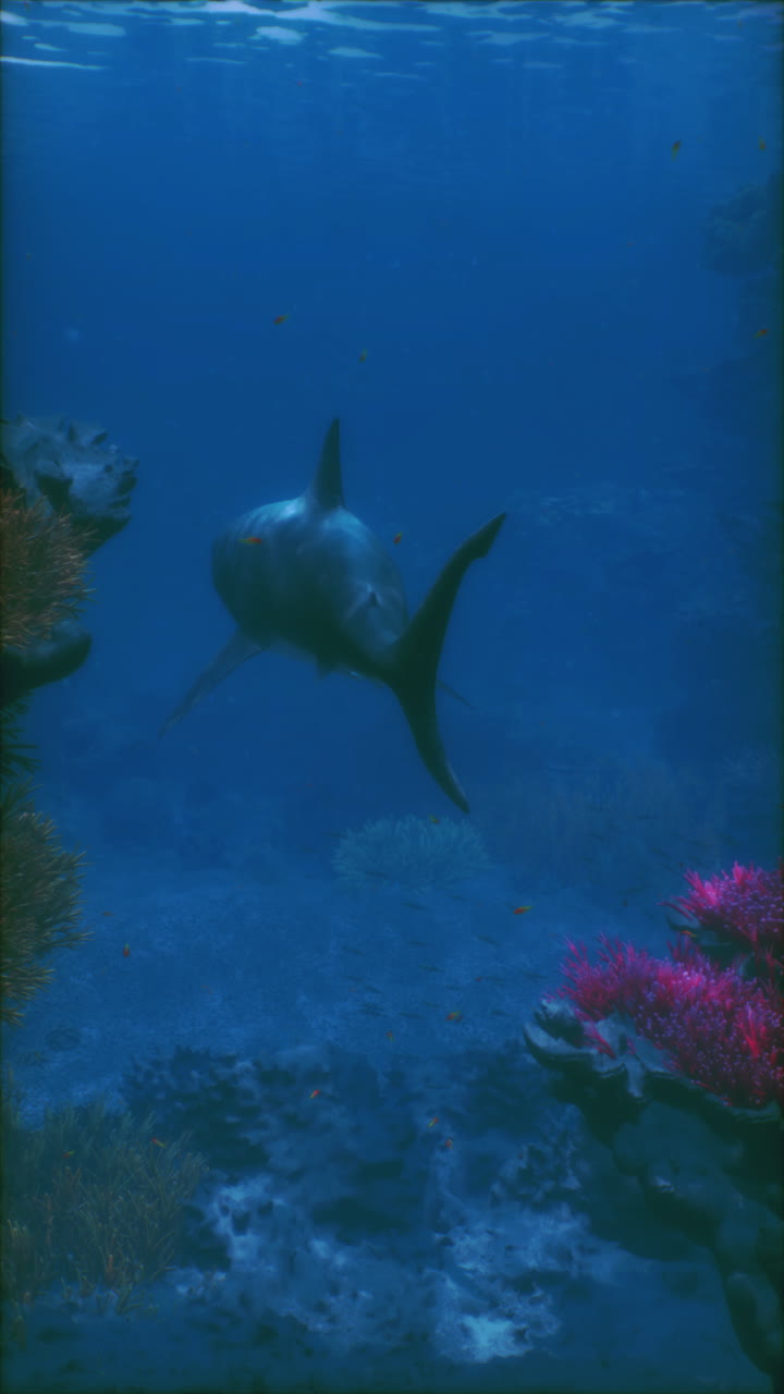 Majestic shark gliding through vibrant coral reefs in deep blue waters