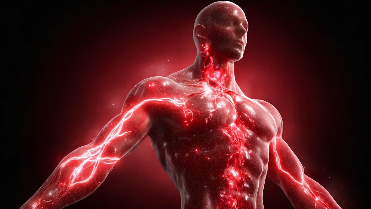 A Powerful Glimpse of the Human Body: Illuminated Muscular Structure Highlighting Energy Paths and Life Force in Striking Red