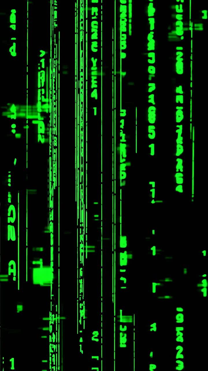 Vertical video frame with green digital code cascading on a black background