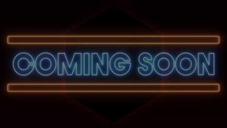 animation of coming soon text in blue neon with red neon hexagons