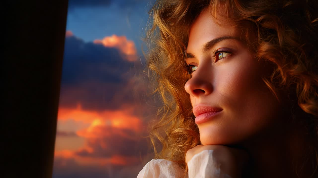A Thoughtful Moment: A Woman with Beautiful Curly Hair Gazing Outdoors at a Stunning Sunset, Capturing the Essence of Reflection and Serenity as Vibrant Colors Illuminate the Sky in the Background