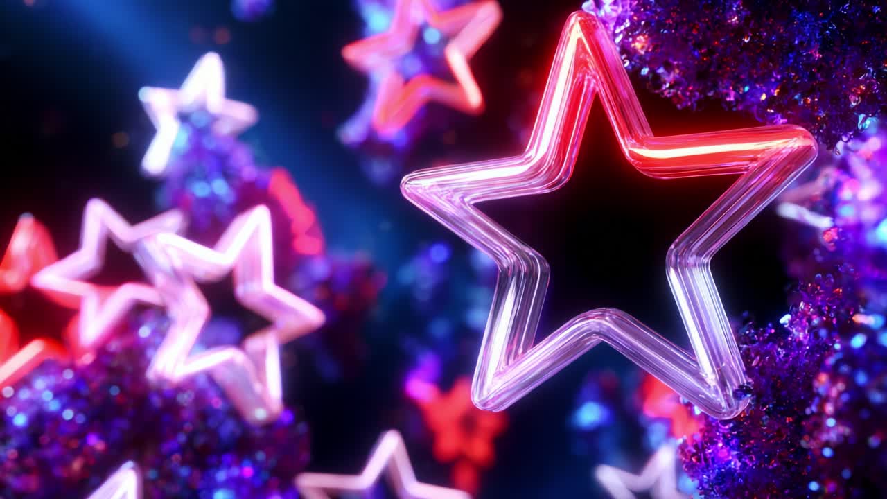 Una rappresentazione visiva incantevole di stelle illuminate a giorno su uno sfondo magico di sfumature scintillanti e decorazioni sfavillanti, che crea un'atmosfera allegra piena di meraviglia ed entusiasmo