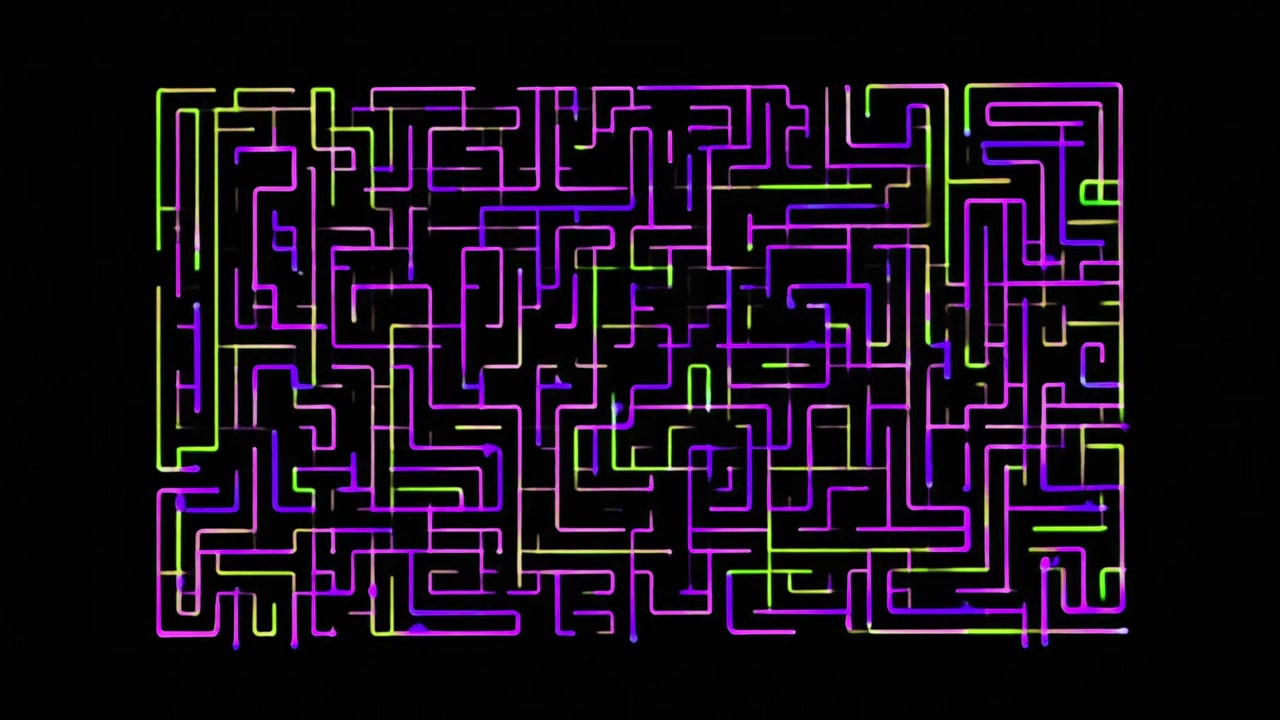 Animazione astratta di labirinto al neon con linee luminose.