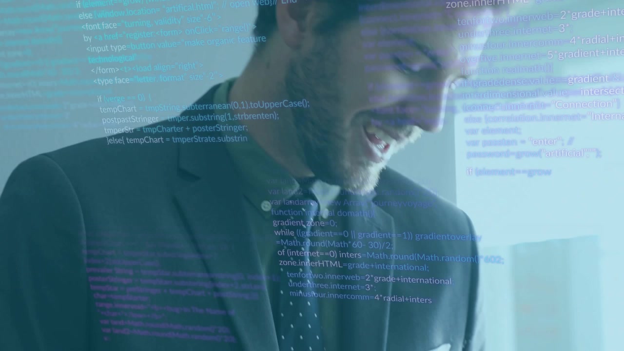 Male business pro tapping tablet, initiating code overlay, camera pulling back confirming insight