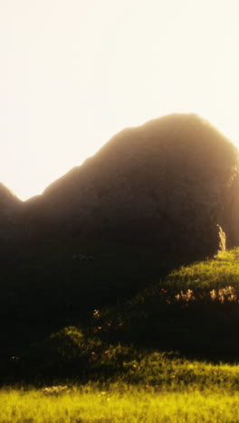 sunset over a grassy hilltop with a mountain