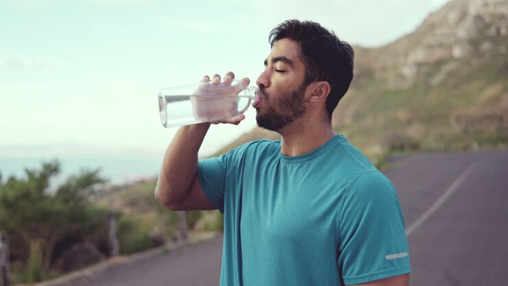 Drinking water, fitness and tired man outdoor