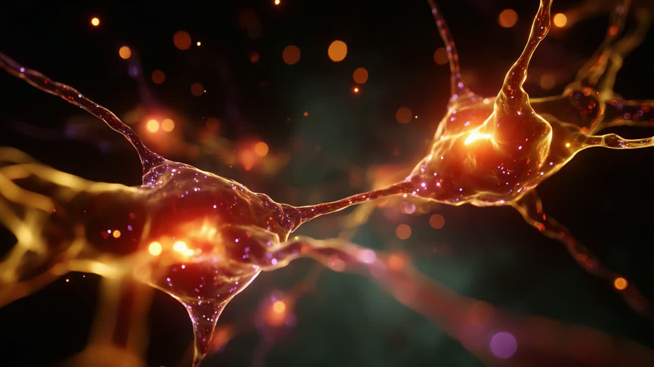 Microscopic View of Neurons Connecting with Glowing Synapses, Highlighting the Complexity of Neural Networks and Their Role in Communication within the Brain
