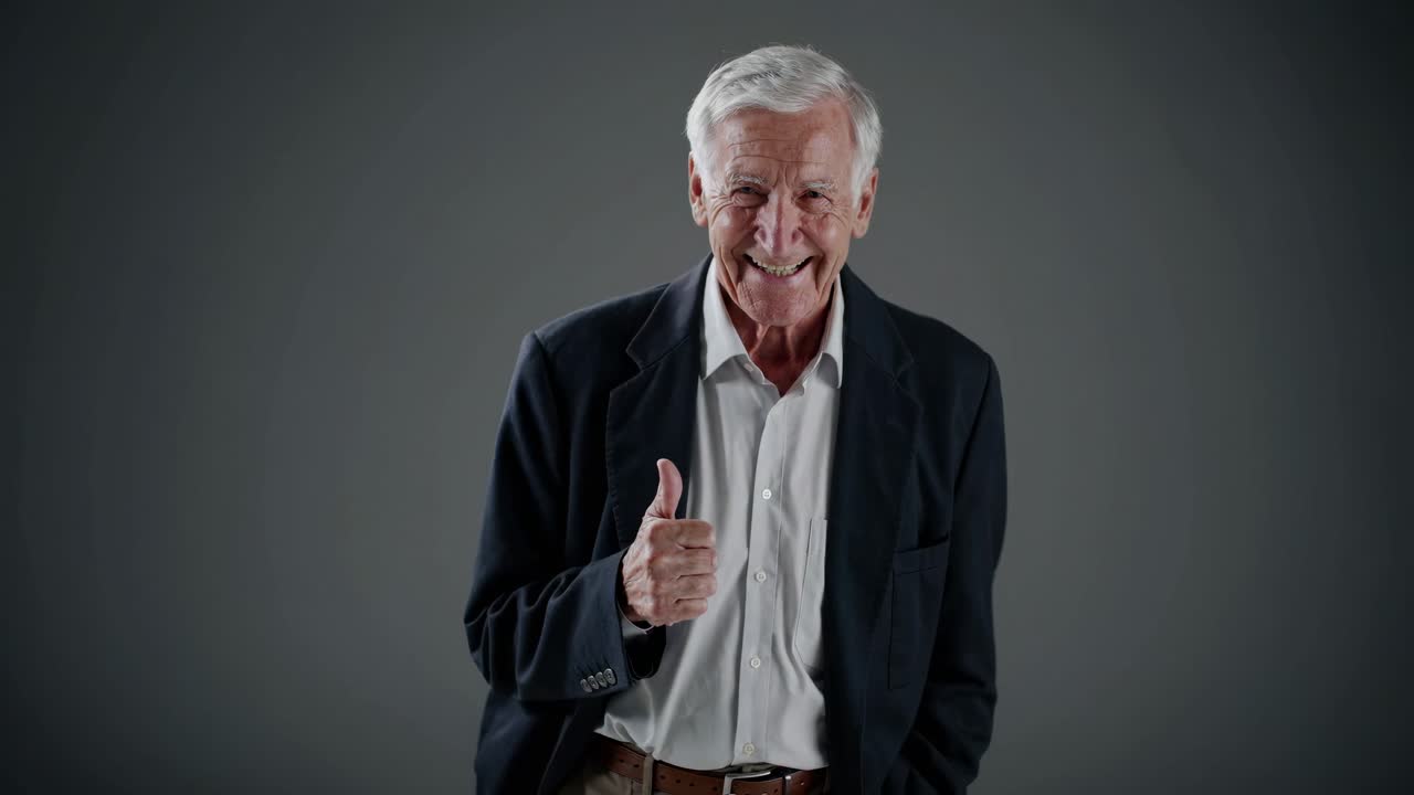 hombre de negocios de alto rango con traje dando pulgares positivos, irradiando confianza y satisfacción mientras sonríe en un entorno de estudio gris minimalista, encarnando la aprobación y el estímulo profesionales