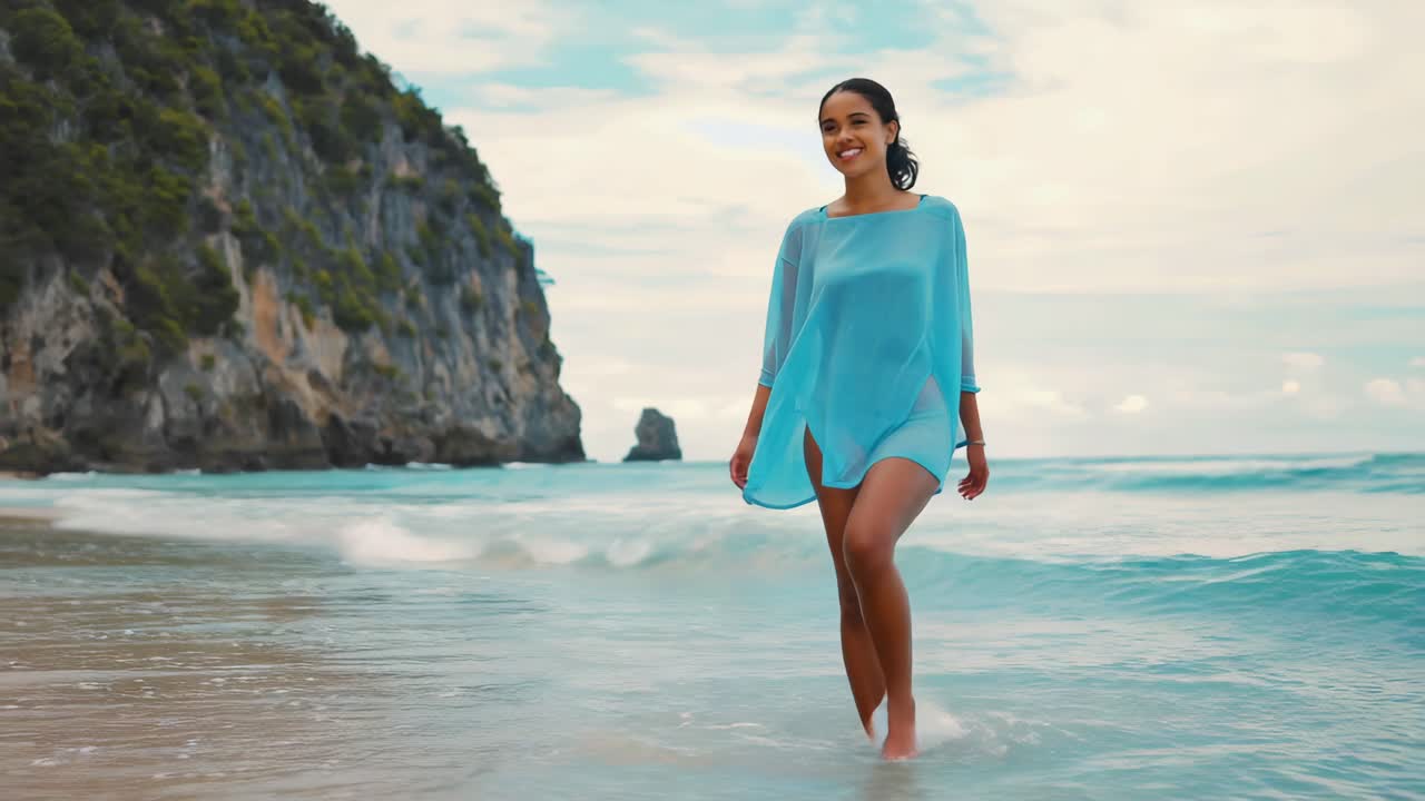 mujer caminando por una playa tropical