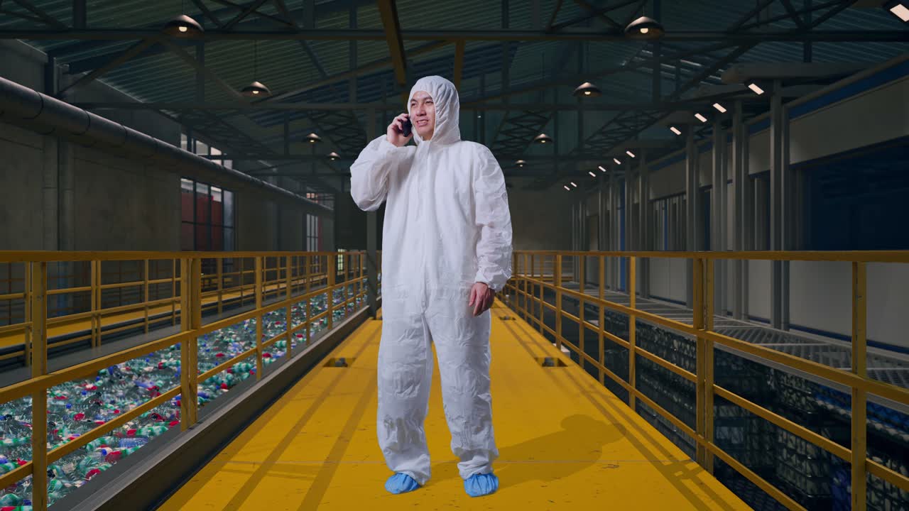 Helkroppsbilde av asiatisk mannlig forsker snakker i smarttelefon mens han står og inspiserer driften av et plastgjenvinningsanlegg med et transportbånd med flasker.
