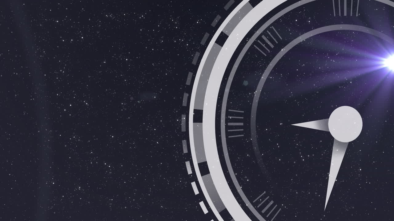 Animazione di un orologio che si muove su stelle su sfondo nero.