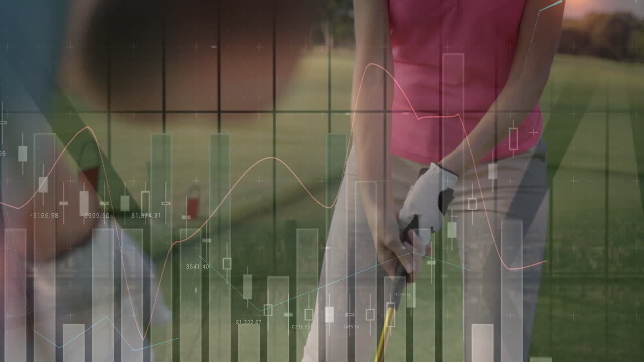 Female golfer gripping club on fairway, bar chart and candlestick overlays showing finance data