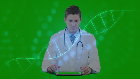 male doctor using tablet in medical lab, showing stethoscope, floating particles and dna helix