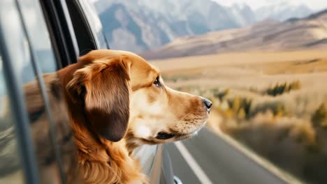 a dog looking out the window of a car on the road