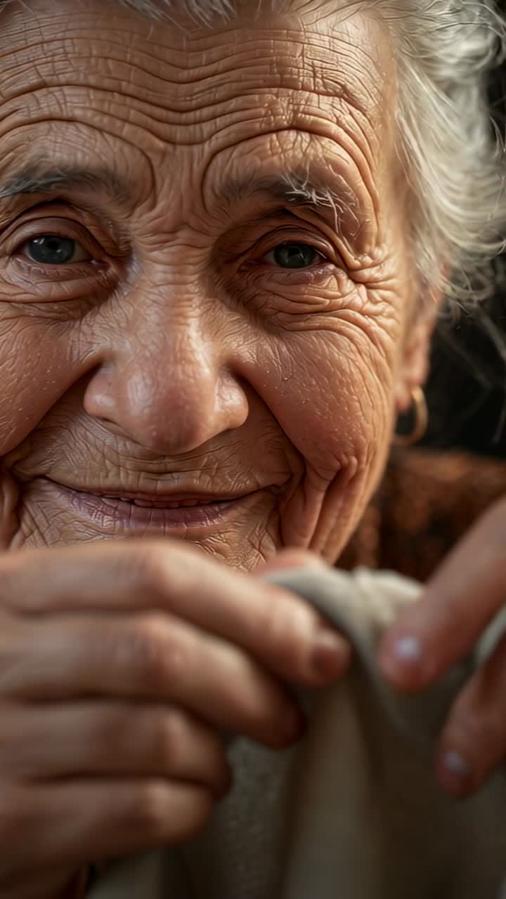 Vídeo vertical: Mulher idosa sorrindo acompanhando a mão que entra pela direita em casa, recebendo ajuste de xale.