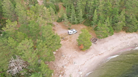 sweden - white campervan parked in the swedish fir and birch forest by the cold seaside on an october day - drone flying forward