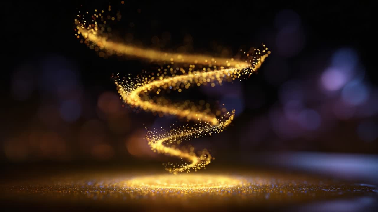 Spirale accattivante di particelle di polvere dorata che illuminano lo sfondo scuro con un bagliore magico in un'animazione ipnotica di movimento e scintillii colorati