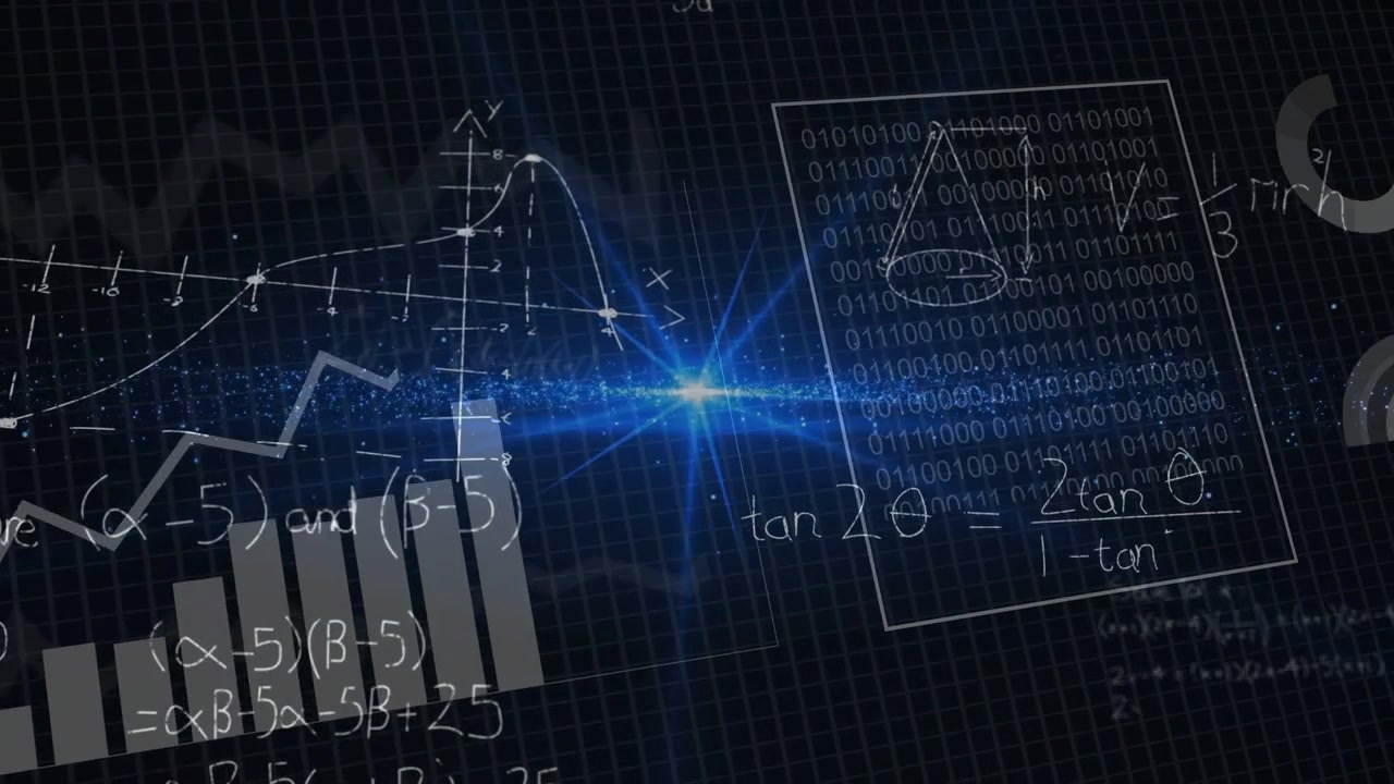 Initial pulse at central blue flare starting charts, math and UI appearing, shifting, showing data