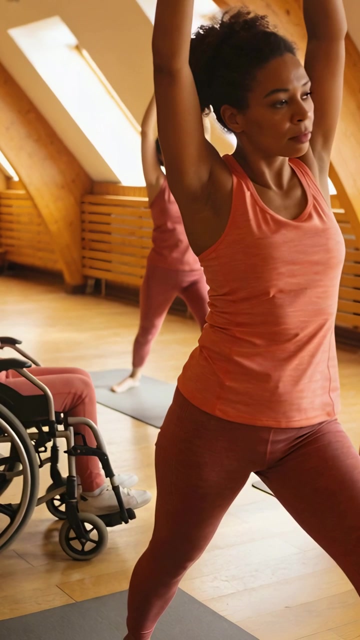 Vertical video: Raising rear woman cueing woman in coral lunging forward at studio