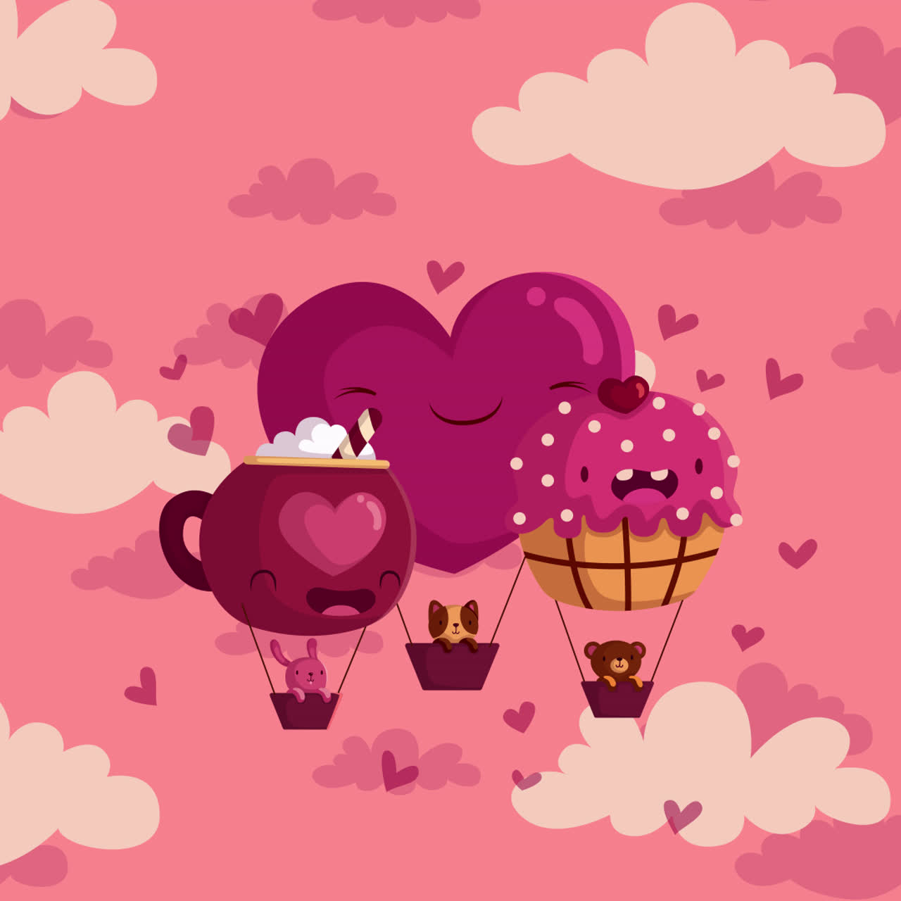 corazón lindo, taza y pastel de globos de aire caliente